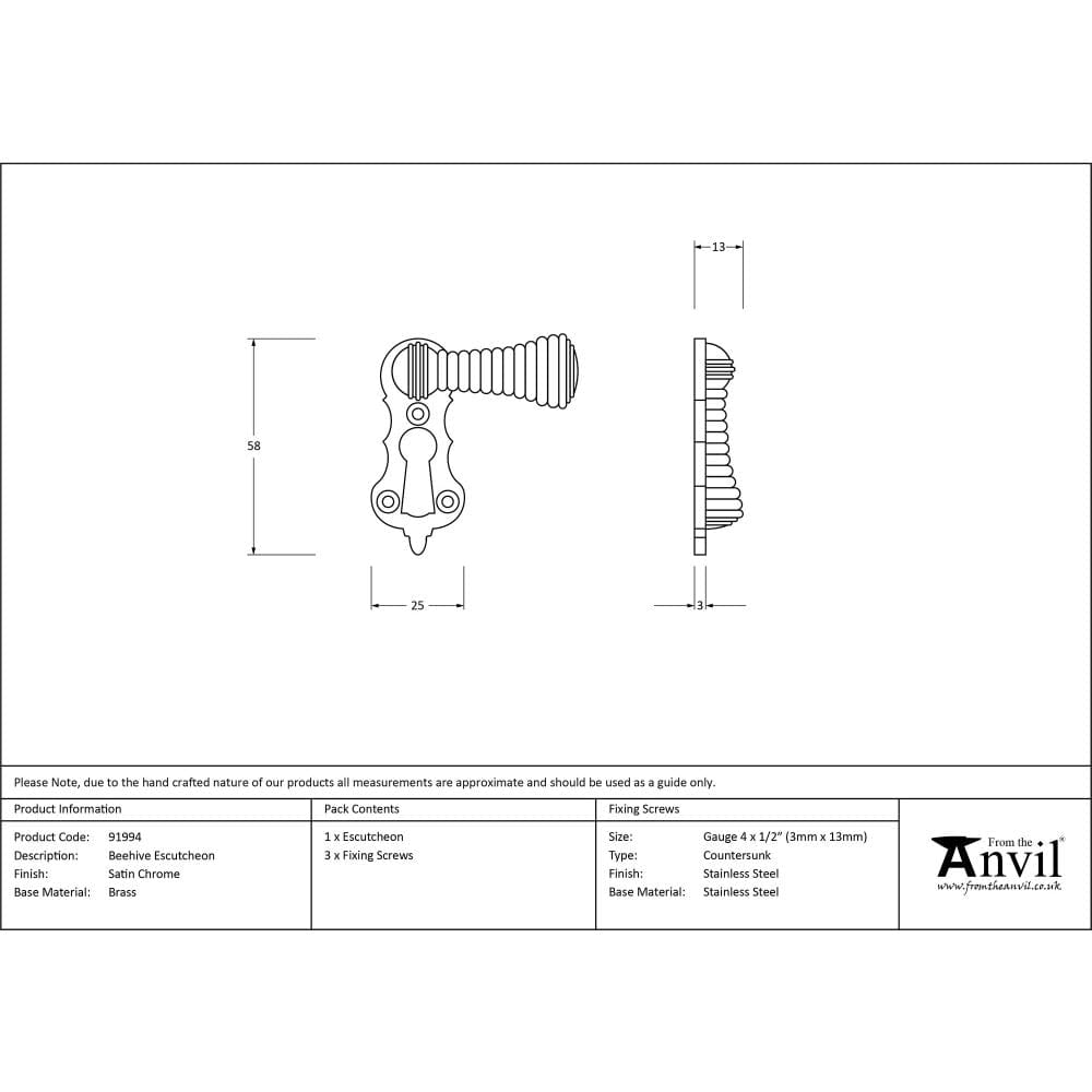 From The Anvil Door Furniture Satin Chrome / Mortice Key Profile Escutcheons From The Anvil - Satin Chrome Beehive Escutcheon