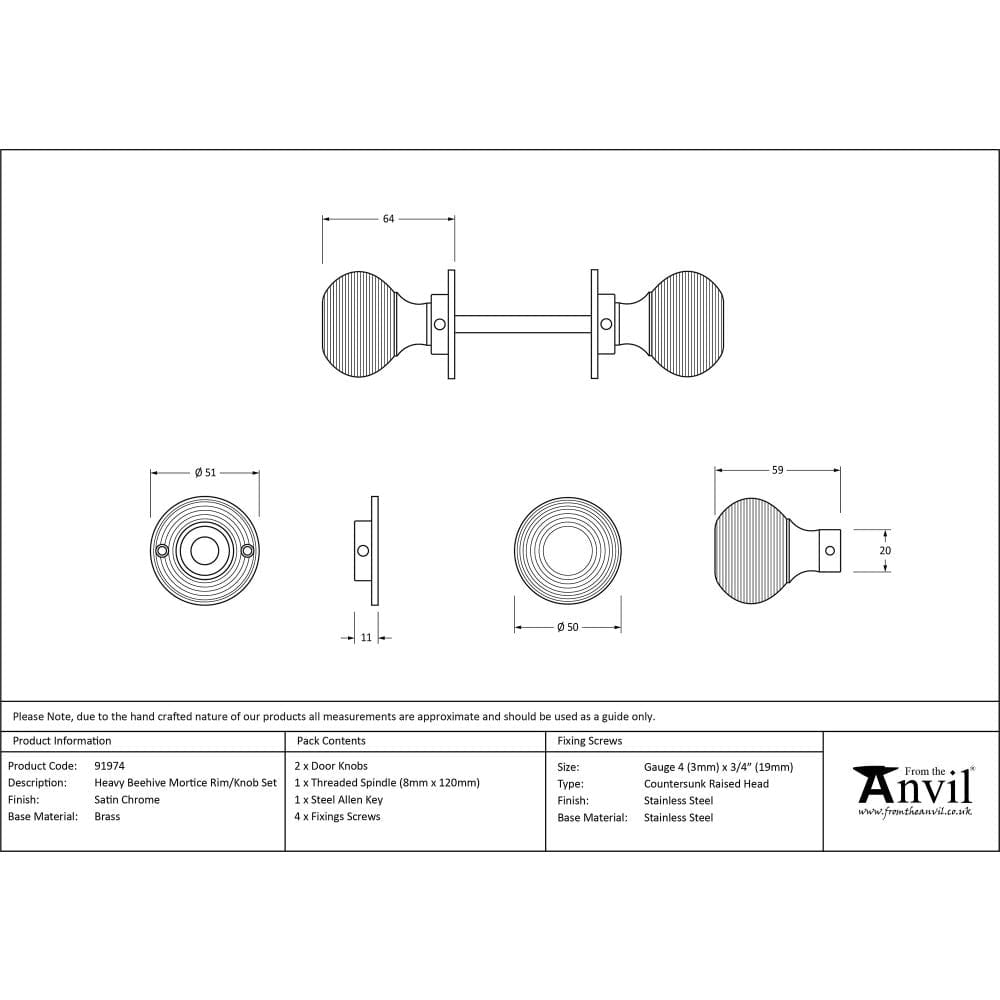 From The Anvil Door Furniture Satin Chrome / Mortice/Rim Knobs From The Anvil - Satin Chrome Heavy Beehive Mortice/Rim Knob Set