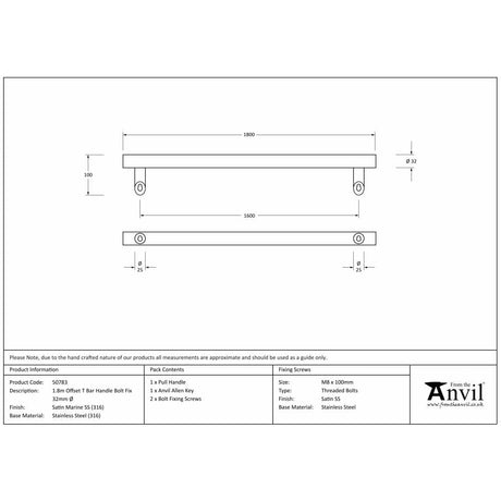 From The Anvil Door Furniture Satin Marine SS (316) / Pull Handles (Bolt Through) From The Anvil - Satin Marine SS (316) 1.8m Offset T Bar Handle Bolt Fix 32mm