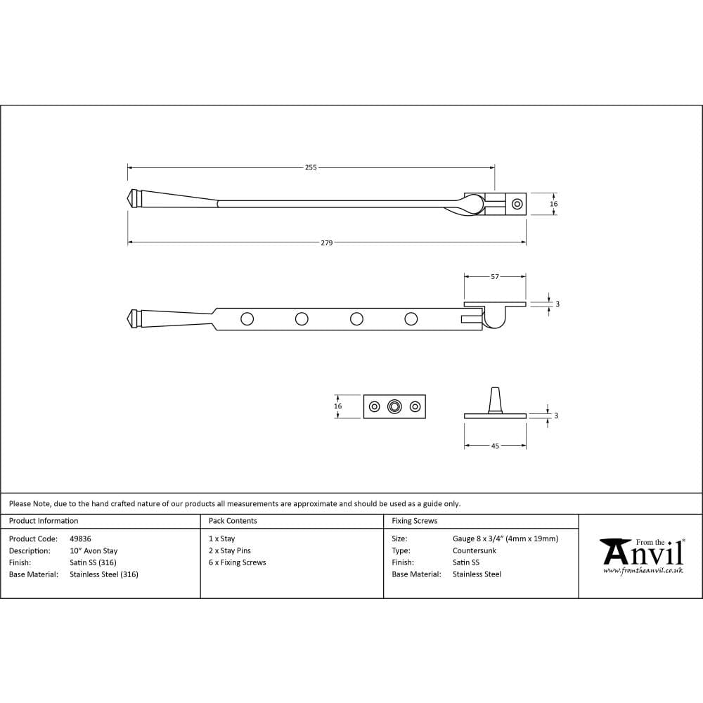 From The Anvil Window Furniture Satin Marine SS (316) / 10"/250mm From The Anvil - Satin Marine SS (316) 10" Avon Stay