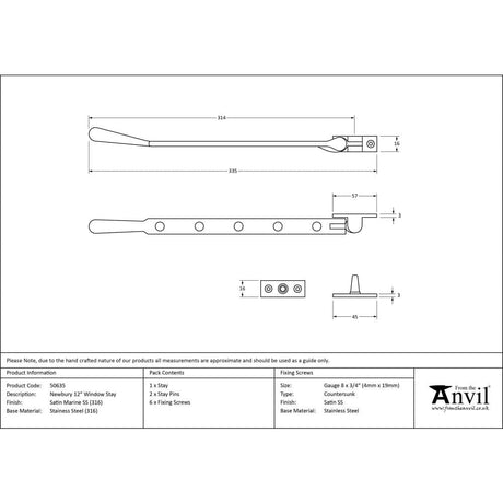 From The Anvil Window Furniture Satin Marine SS (316) / 12"/300mm From The Anvil - Satin Marine SS (316) 12" Newbury Stay