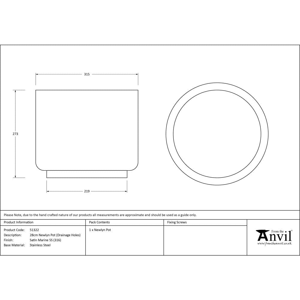 From The Anvil Home & Garden Satin Marine SS (316) / Plant Pots / 28cm From The Anvil - Satin Marine SS (316) 28cm Newlyn Pot (Drainage holes)