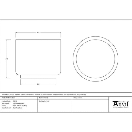From The Anvil Home & Garden Satin Marine SS (316) / Plant Pots / 28cm From The Anvil - Satin Marine SS (316) 28cm Newlyn Pot
