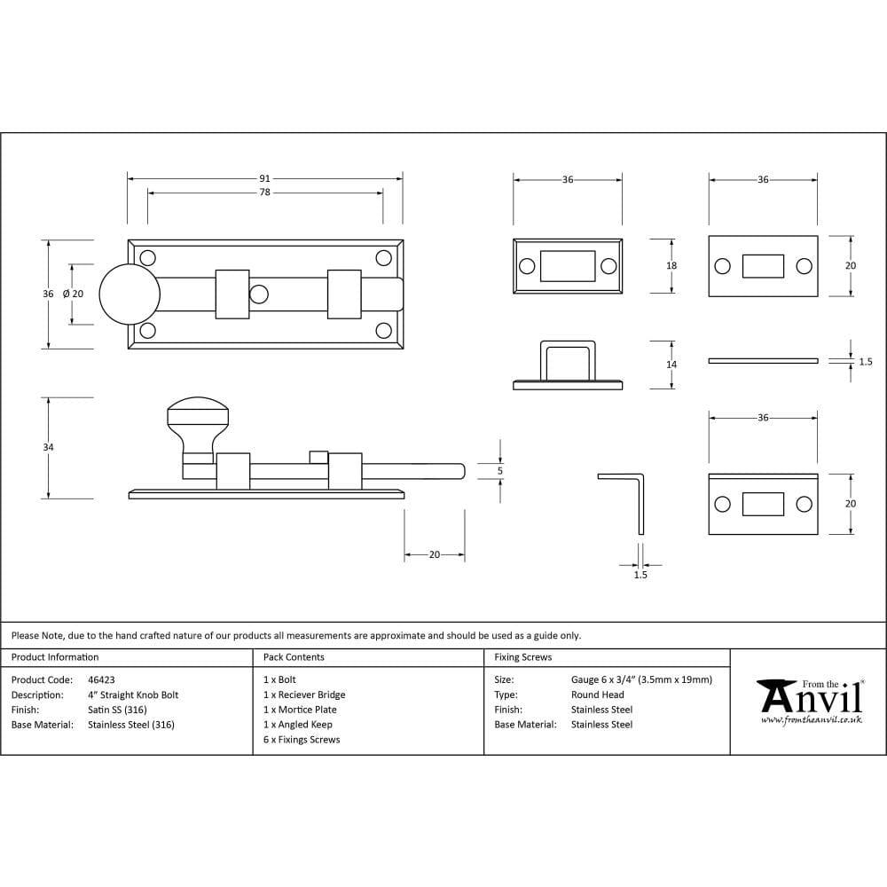 From The Anvil Accessories Satin Marine SS (316) / Straight Surface Bolts / 100mm / 4" From The Anvil - Satin Marine SS (316) 4" Universal Bolt