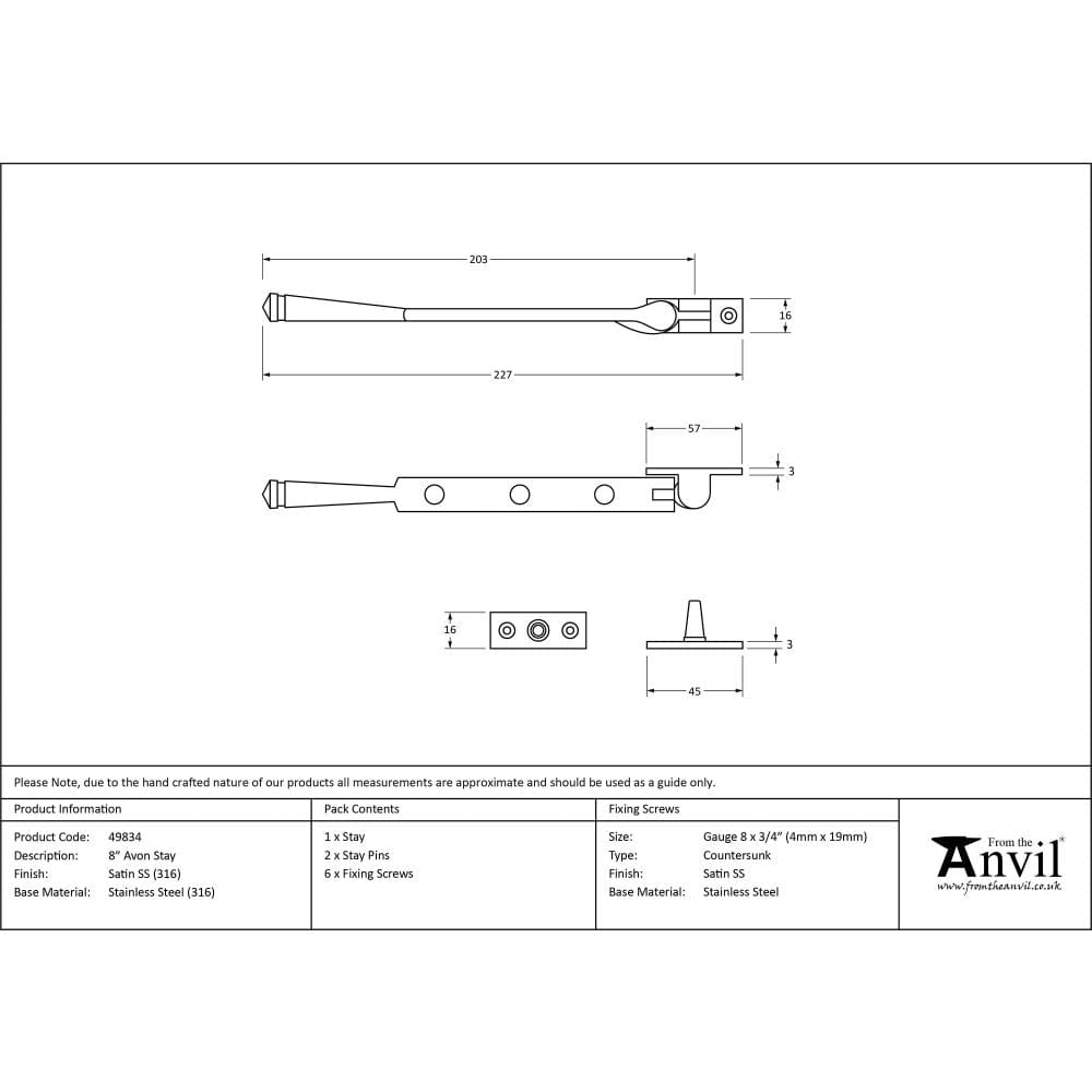 From The Anvil Window Furniture Satin Marine SS (316) / 8"/200mm From The Anvil - Satin Marine SS (316) 8" Avon Stay