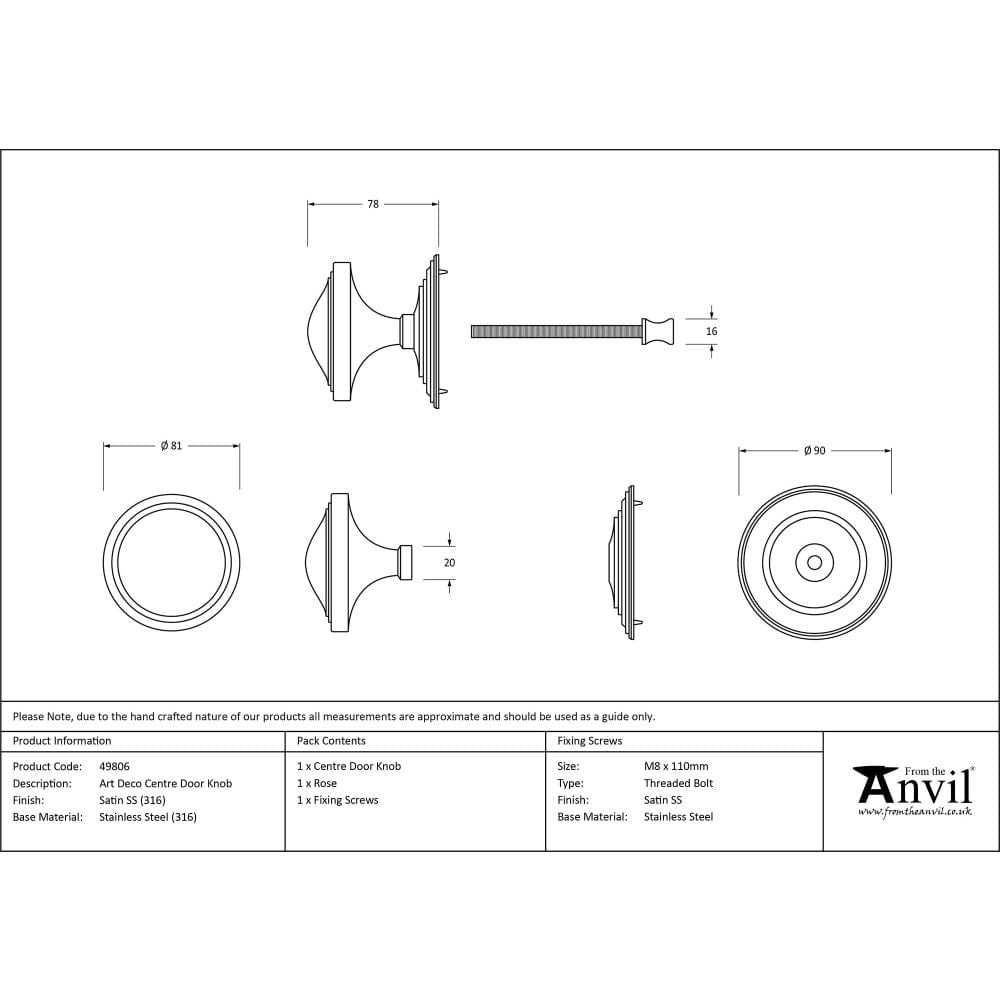 From The Anvil Door Furniture Satin Marine SS (316) / Art Deco Centre Door Knob From The Anvil - Satin Marine SS (316) Art Deco Centre Door Knob