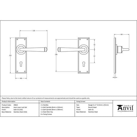 From The Anvil Door Furniture Satin Marine SS (316) / Std. Lock Handles From The Anvil - Satin Marine SS (316) Avon Lever Lock Set