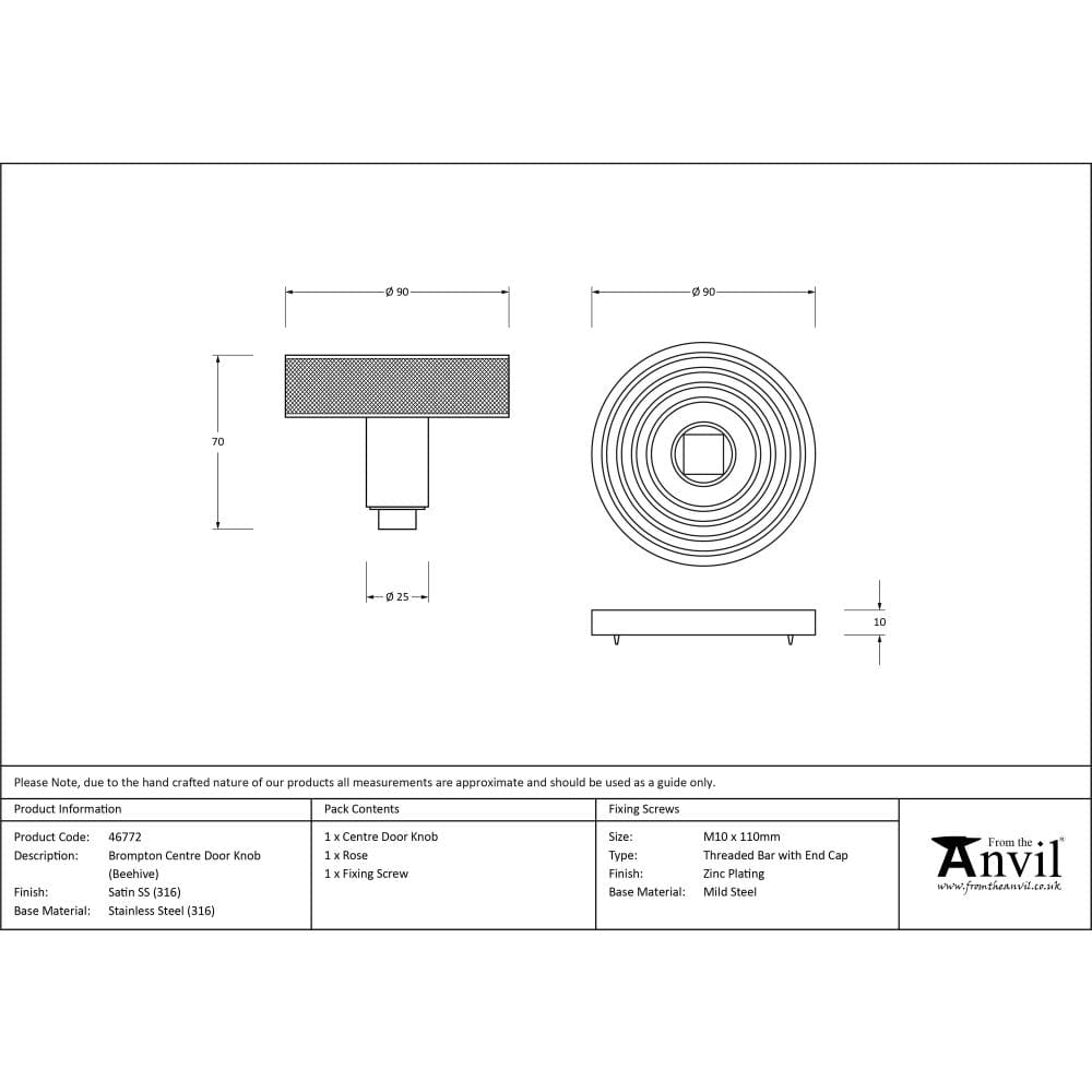 From The Anvil Door Furniture Satin Marine SS (316) / Beehive Centre Door Knob From The Anvil - Satin Marine SS (316) Brompton Centre Door Knob (Beehive)