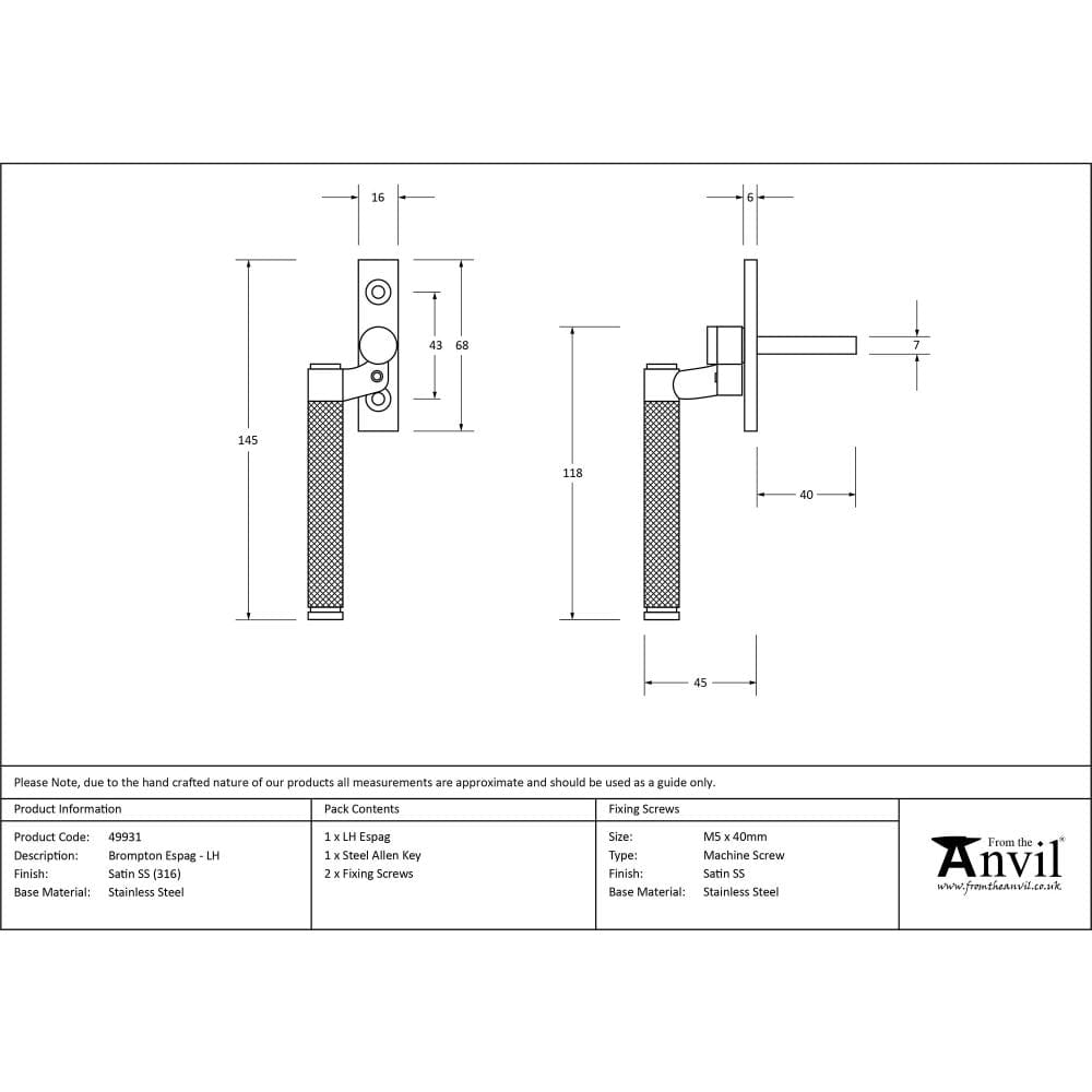 From The Anvil Window Furniture Satin Marine SS (316) / Left Hand / Yes From The Anvil - Satin Marine SS (316) Brompton Espag - LH