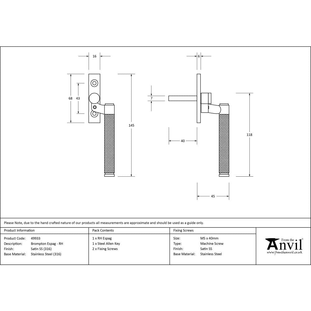 From The Anvil Window Furniture Satin Marine SS (316) / Right Hand / Yes From The Anvil - Satin Marine SS (316) Brompton Espag - RH