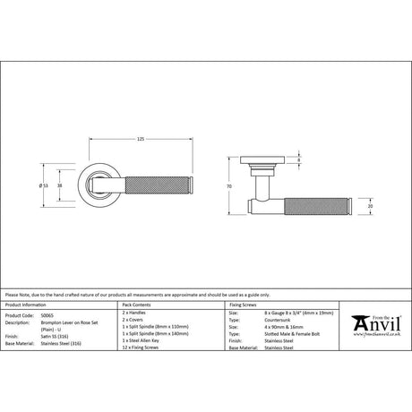 From The Anvil Door Furniture Satin Marine SS (316) / Round Rose From The Anvil - Satin Marine SS (316) Brompton Lever on Rose Set (Plain) - Unsprung