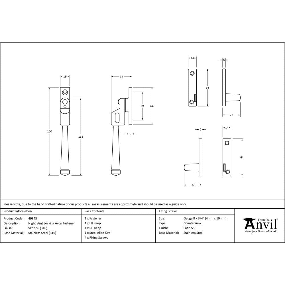 From The Anvil Window Furniture Satin Marine SS (316) / Yes / Night Vent From The Anvil - Satin Marine SS (316) Night-Vent Locking Avon Fastener