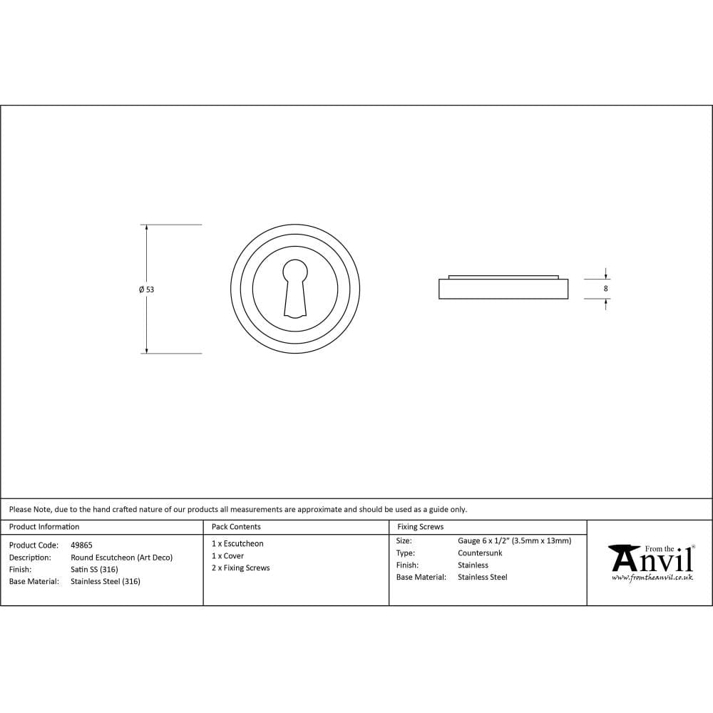 From The Anvil Door Furniture Satin Marine SS (316) / Mortice Key Profile Escutcheons From The Anvil - Satin Marine SS (316) Round Escutcheon (Art Deco)