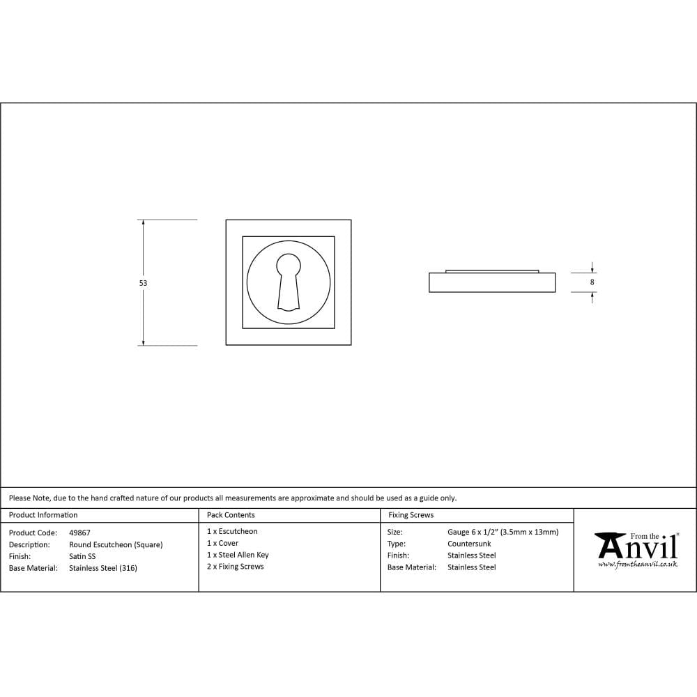 From The Anvil Door Furniture Satin Marine SS (316) / Mortice Key Profile Escutcheons From The Anvil - Satin Marine SS (316) Round Escutcheon (Square)