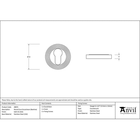 From The Anvil Door Furniture Satin Marine SS (316) / Euro Profile Escutcheons From The Anvil - Satin Marine SS (316) Round Euro Escutcheon (Beehive)