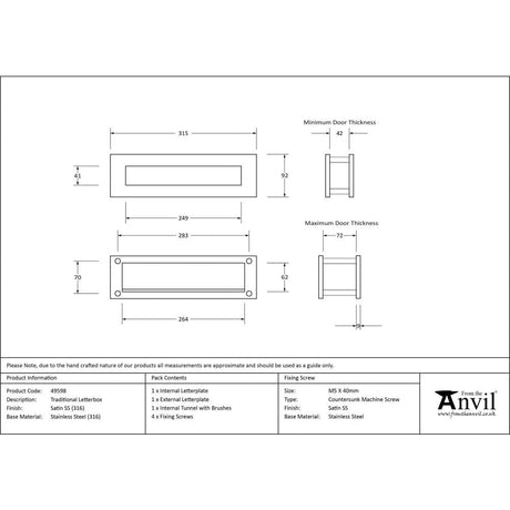 From The Anvil Door Furniture Satin Marine SS (316) / Sleeved Letterbox / 315 x 92mm From The Anvil - Satin Marine SS (316) Traditional Letterbox