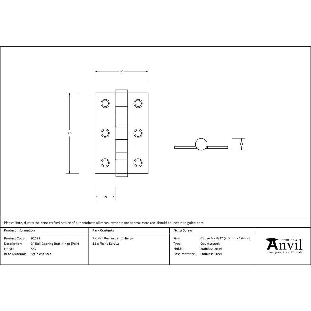 From The Anvil Hinges Satin Stainless Steel / Ball Bearing Hinges / 3" (76mm) From The Anvil - Satin SS 3" Ball Bearing Butt Hinge (pair)
