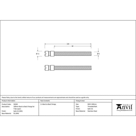 From The Anvil Door Furniture Satin Stainless Steel / Back to Back Fixing Pack From The Anvil - Satin SS (304) 100mm Back to Back Fixings for T Bar (2)