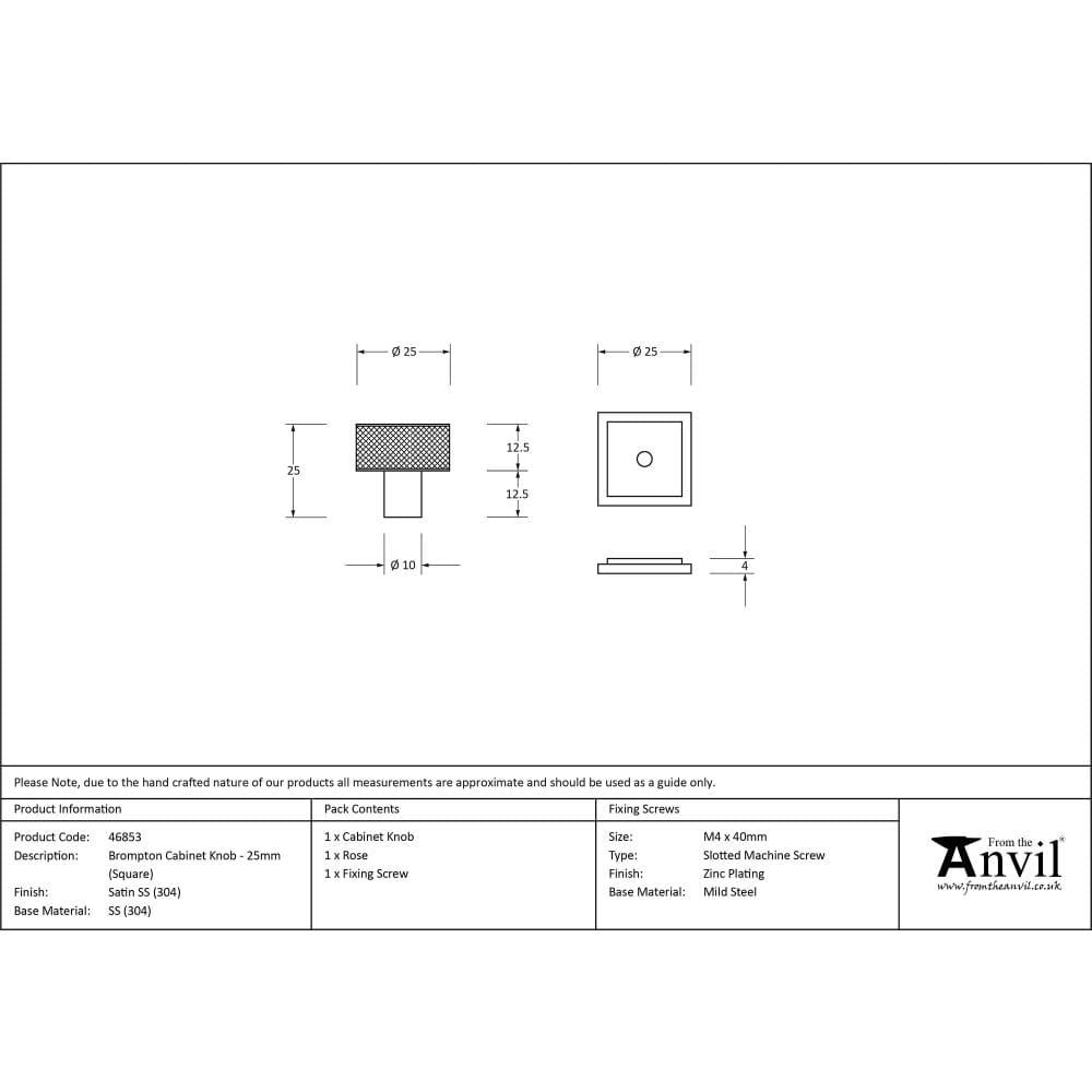 From The Anvil Cabinet Hardware Satin Stainless Steel / Cabinet Knobs / 30mm Dia. From The Anvil - Satin SS (304) Brompton Cabinet Knob - 25mm (Square)