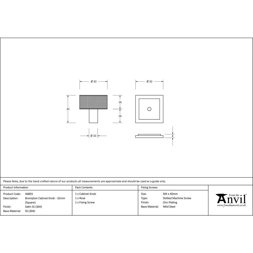 From The Anvil Cabinet Hardware Satin Stainless Steel / Cabinet Knobs / 30mm Dia. From The Anvil - Satin SS (304) Brompton Cabinet Knob - 32mm (Square)