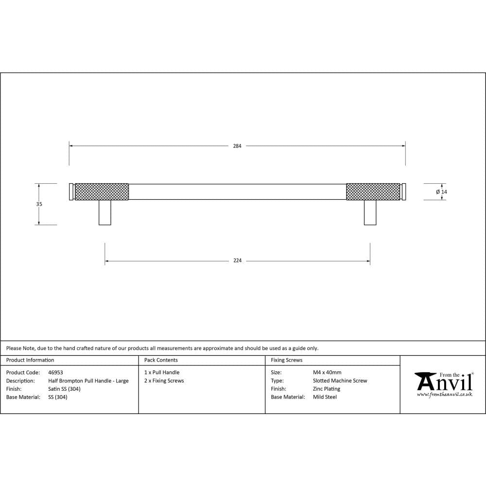 From The Anvil Cabinet Hardware Satin Stainless Steel / Cabinet Pull Handles / Large From The Anvil - Satin SS (304) Half Brompton Pull Handle - Large