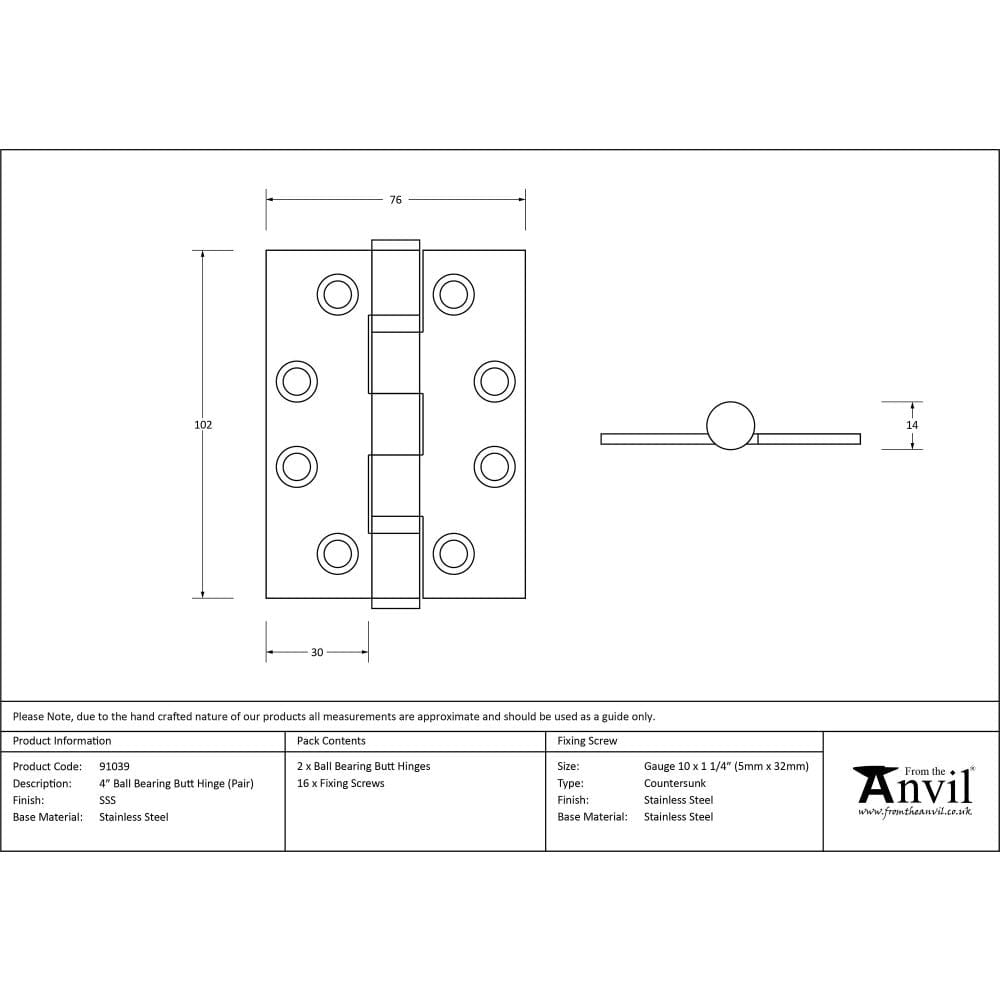 From The Anvil Hinges Satin Stainless Steel / Ball Bearing Hinges / 4" x (102mm) From The Anvil - Satin SS 4" Ball Bearing Butt Hinge (pair) F/R