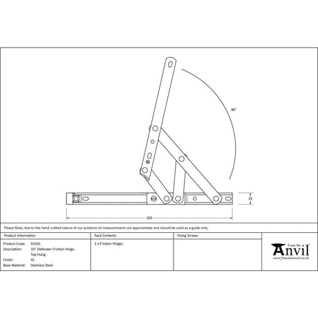 From The Anvil Hinges Stainless Steel / Friction Hinges / 10" (254mm) From The Anvil - SS 10" Defender Friction Hinge - Top Hung