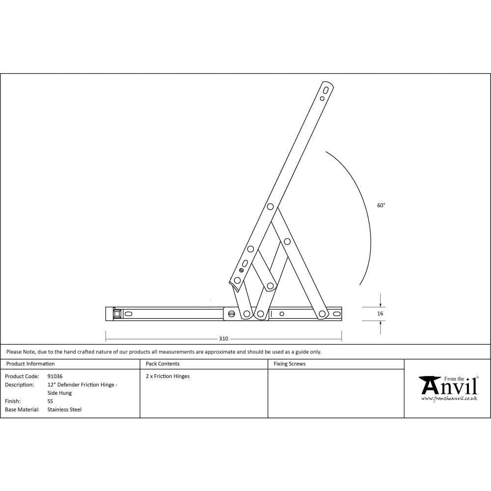 From The Anvil Hinges Stainless Steel / Friction Hinges / 12" (304mm) From The Anvil - SS 12" Defender Friction Hinge - Side Hung