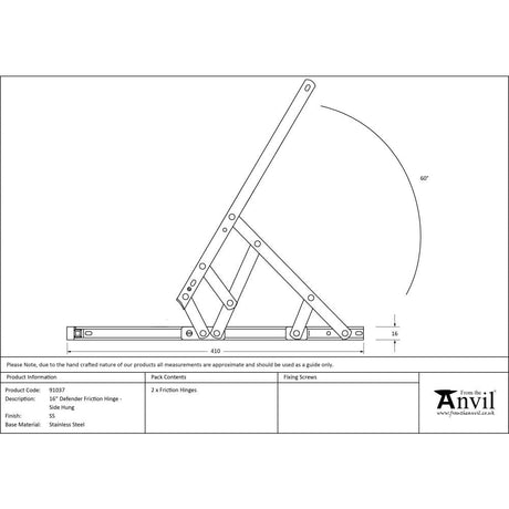 From The Anvil Hinges Stainless Steel / Friction Hinges / 16" (406mm) From The Anvil - SS 16" Defender Friction Hinge - Side Hung