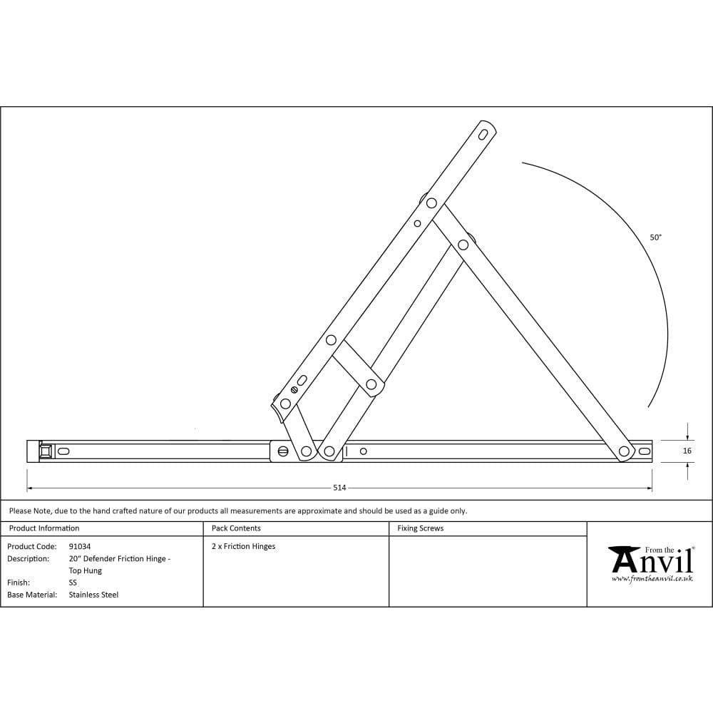 From The Anvil Hinges Stainless Steel / Friction Hinges / 20" (508mm) From The Anvil - SS 20" Defender Friction Hinge - Top Hung