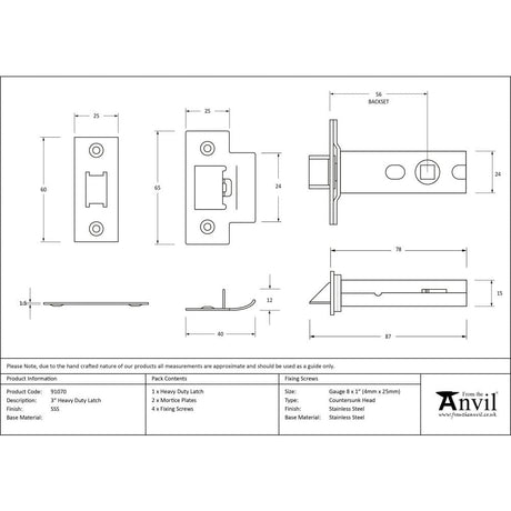 From The Anvil Locks & Latches Satin Stainless Steel / Tubular Mortice Latch / 3" From The Anvil - SSS 3" Heavy Duty Latch