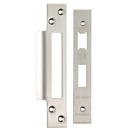 This is an image of a Eurospec - Easi - T Forend Strike and Fixing Pack-Satin Stainless Steel-Square F that is availble to order from Trade Door Handles in Kendal.