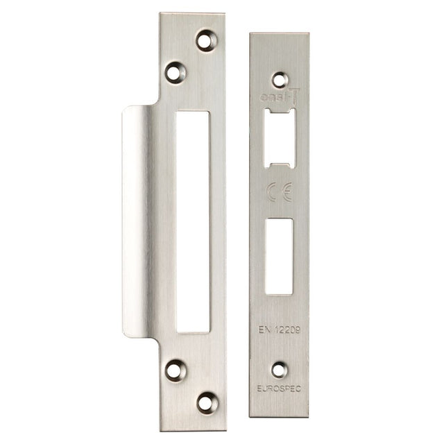 This is an image of a Eurospec - Easi - T Forend Strike and Fixing Pack-Satin Stainless Steel-Square F that is availble to order from Trade Door Handles in Kendal.