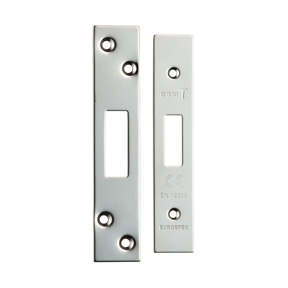 This is an image of a Eurospec - Easi T Forend Strikes & Fixing Pack Deadlocks-Bright Stainless Steel- that is availble to order from Trade Door Handles in Kendal.