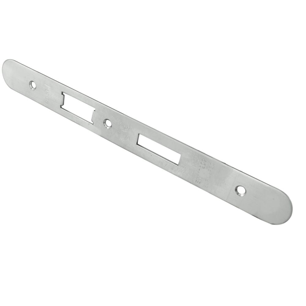 High quality image of Eurospec - Forend Strike & Fixing Pack To Suit Din Euro Sash/Bathroom Lock-Satin | Sku. fsf5017sss-r | Trade Door Handles, Kendal.