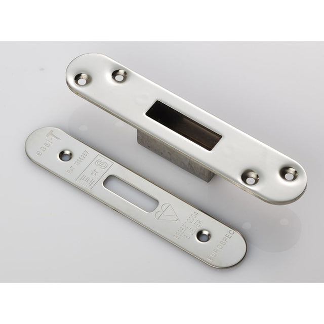 This is an image of a Eurospec - Easi T Forend Strikes & Fixing Pack To Suit BS 5 Lever Deadlock-Brigh that is availble to order from Trade Door Handles in Kendal.