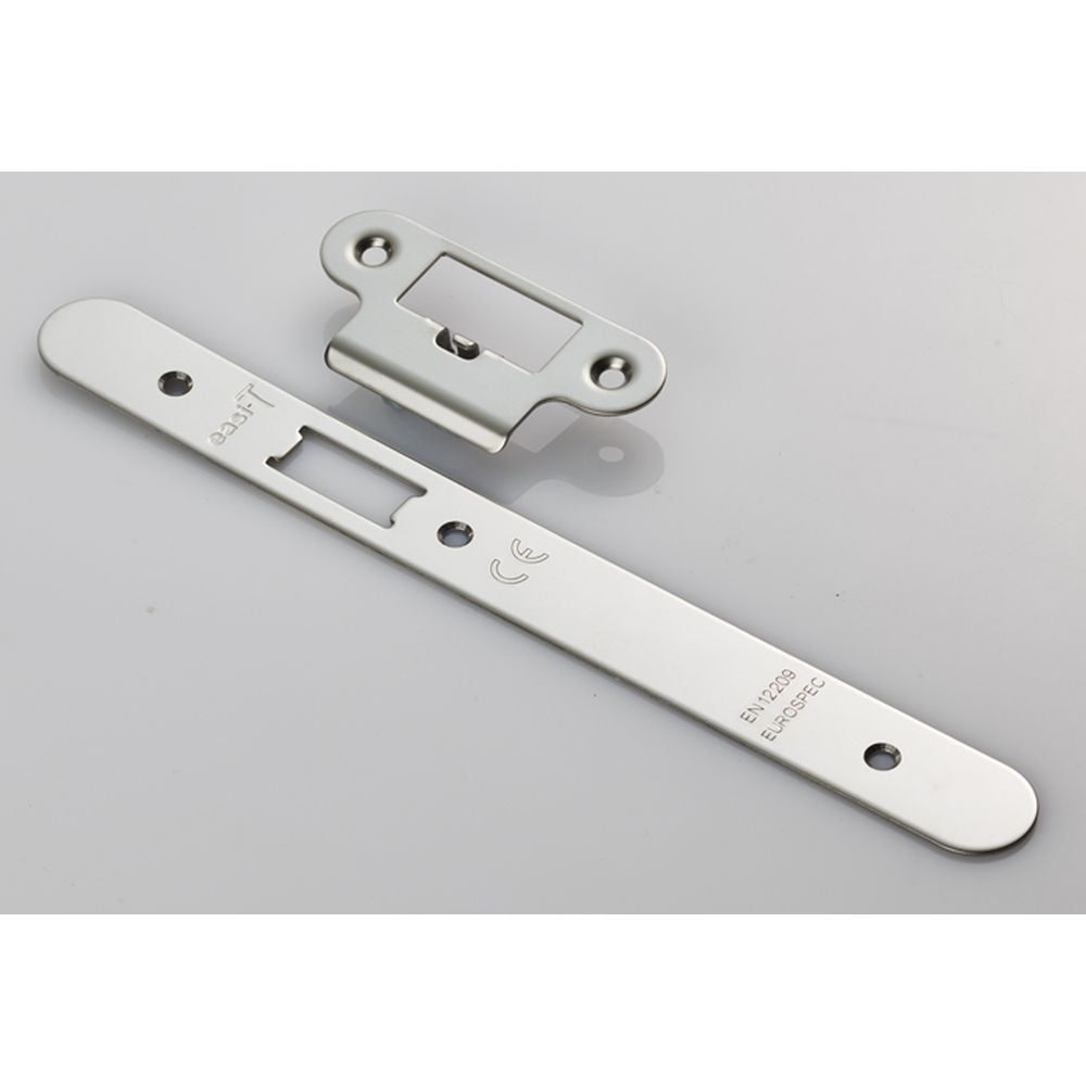 This is an image of a Eurospec - Forend Strike & Fixing Pack To Suit Din Latch-Bright Stainless Steel- that is availble to order from Trade Door Handles in Kendal.