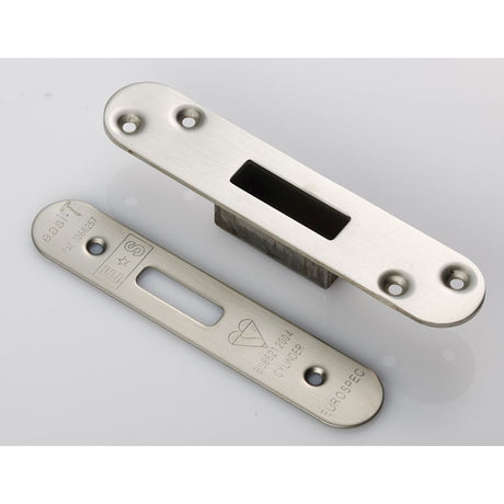 High quality image of Eurospec - Forend Strike & Fixing Pack To Suit BS8621 Cylinder Deadlock-Satin St | Sku. fsf5029sss-r | Trade Door Handles, Kendal.