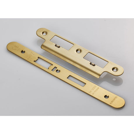 High quality image of Eurospec - Forend Strike & Fixing Pack To Suit Din Escape Lock-PVD-Radius Forend | Sku. fsf5032pvd-r | Trade Door Handles, Kendal.