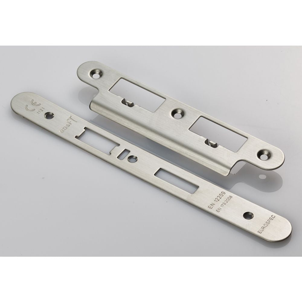 This is an image of a Eurospec - Forend Strike & Fixing Pack To Suit Din Escape Lock-Satin Stainless S that is availble to order from Trade Door Handles in Kendal.