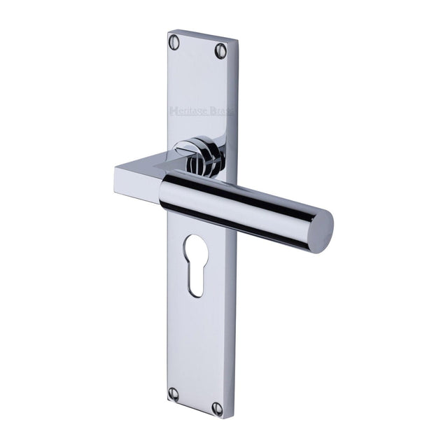 Heritage Brass Door Furniture Polished Chrome / Euro Profile Lock Handles Heritage Brass - Bauhaus Euro Profile Door Handle on 200mm Plate Polished Chrome finish