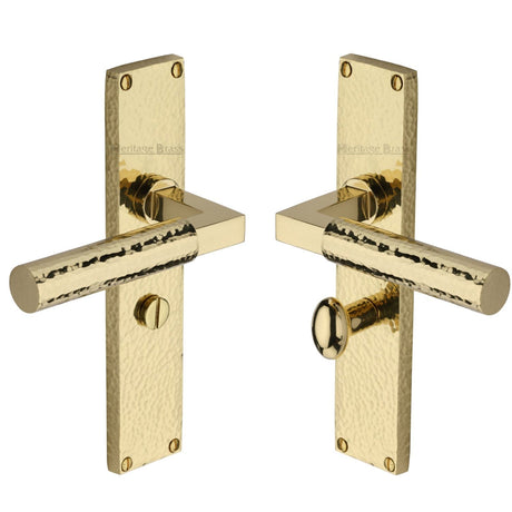 Heritage Brass Door Furniture Polished Brass / Bathroom Lock Handles Heritage Brass - Bauhaus Hammered Bathroom Set Door Handle on 200mm Plate Polished Brass finish
