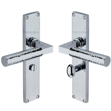 Heritage Brass Door Furniture Polished Chrome / Bathroom Lock Handles Heritage Brass - Bauhaus Hammered Bathroom Set Door Handle on 200mm Plate Polished Chrome finish
