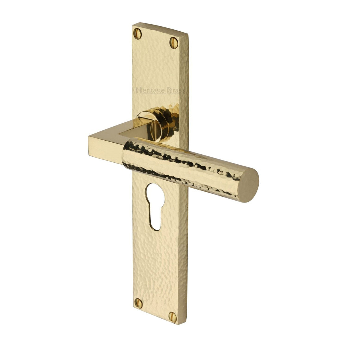 Heritage Brass Door Furniture Polished Brass / Euro Profile Lock Handles Heritage Brass - Bauhaus Hammered Euro Profile Door Handle on 200mm Plate Polished Brass finish
