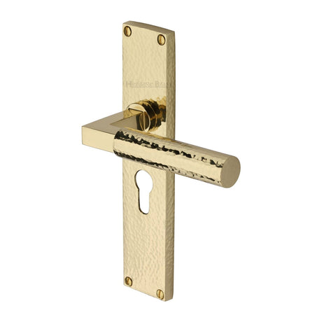 Heritage Brass Door Furniture Polished Brass / Euro Profile Lock Handles Heritage Brass - Bauhaus Hammered Euro Profile Door Handle on 200mm Plate Polished Brass finish