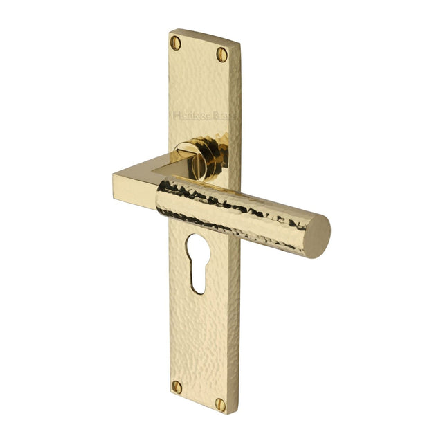 Heritage Brass Door Furniture Polished Brass / Euro Profile Lock Handles Heritage Brass - Bauhaus Hammered Euro Profile Door Handle on 200mm Plate Polished Brass finish
