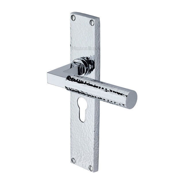 Heritage Brass Door Furniture Polished Chrome / Euro Profile Lock Handles Heritage Brass - Bauhaus Hammered Euro Profile Door Handle on 200mm Plate Polished Chrome finish