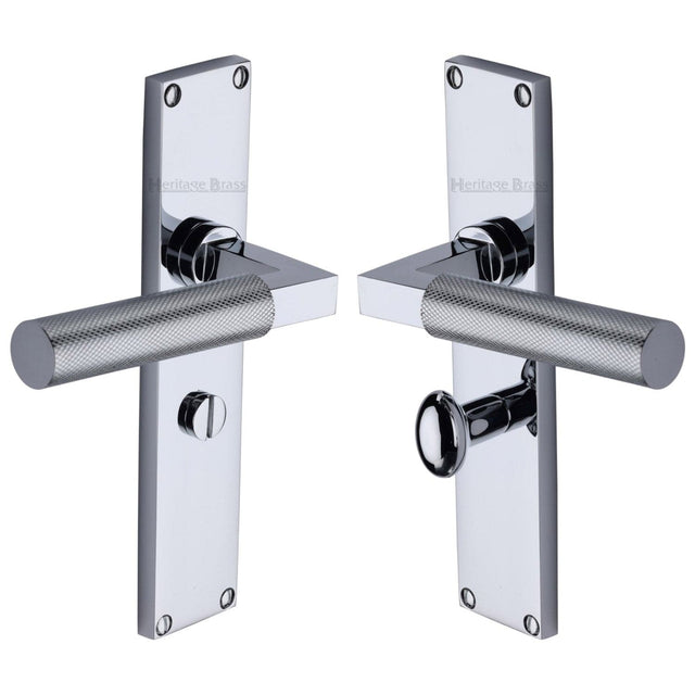 Heritage Brass Door Furniture Polished Chrome / Bathroom Lock Handles Heritage Brass - Bauhaus Knurled Bathroom Set Door Handle on 200mm Plate Polished Chrome finish