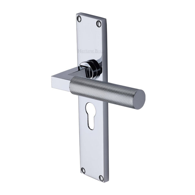 Heritage Brass Door Furniture Polished Chrome / Euro Profile Lock Handles Heritage Brass - Bauhaus Knurled Euro Profile Door Handle on 200mm Plate Polished Chrome finish