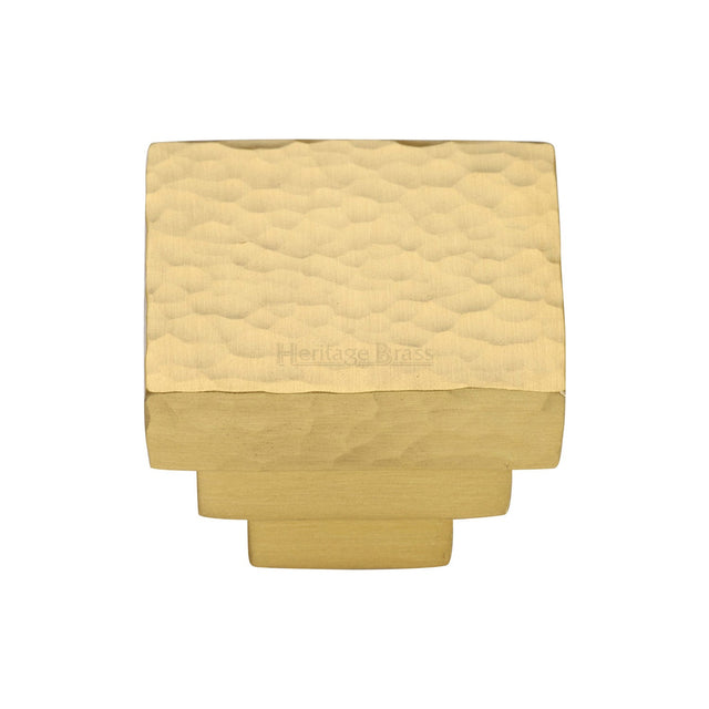 Heritage Brass Cabinet Hardware Satin Brass / Cabinet Knobs / 32mm Dia. Heritage Brass - Cabinet Knob Square Stepped Hammered Design 32mm Satin Brass finish